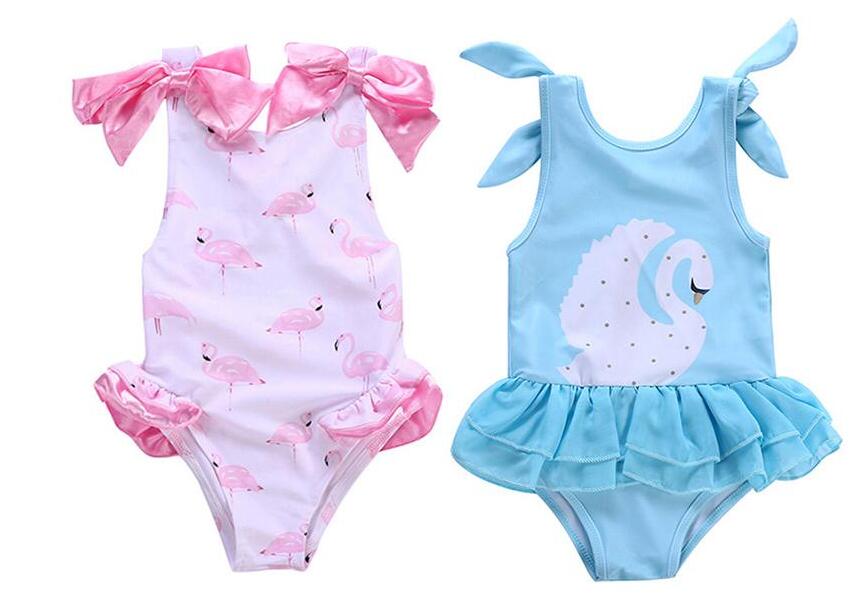 Flamingo Swimsuit Swan Swimwear for 1-5T Girls One-piece Swimming Clothes Printed Design Bow Kids Piece Swimsuit - Click Image to Close